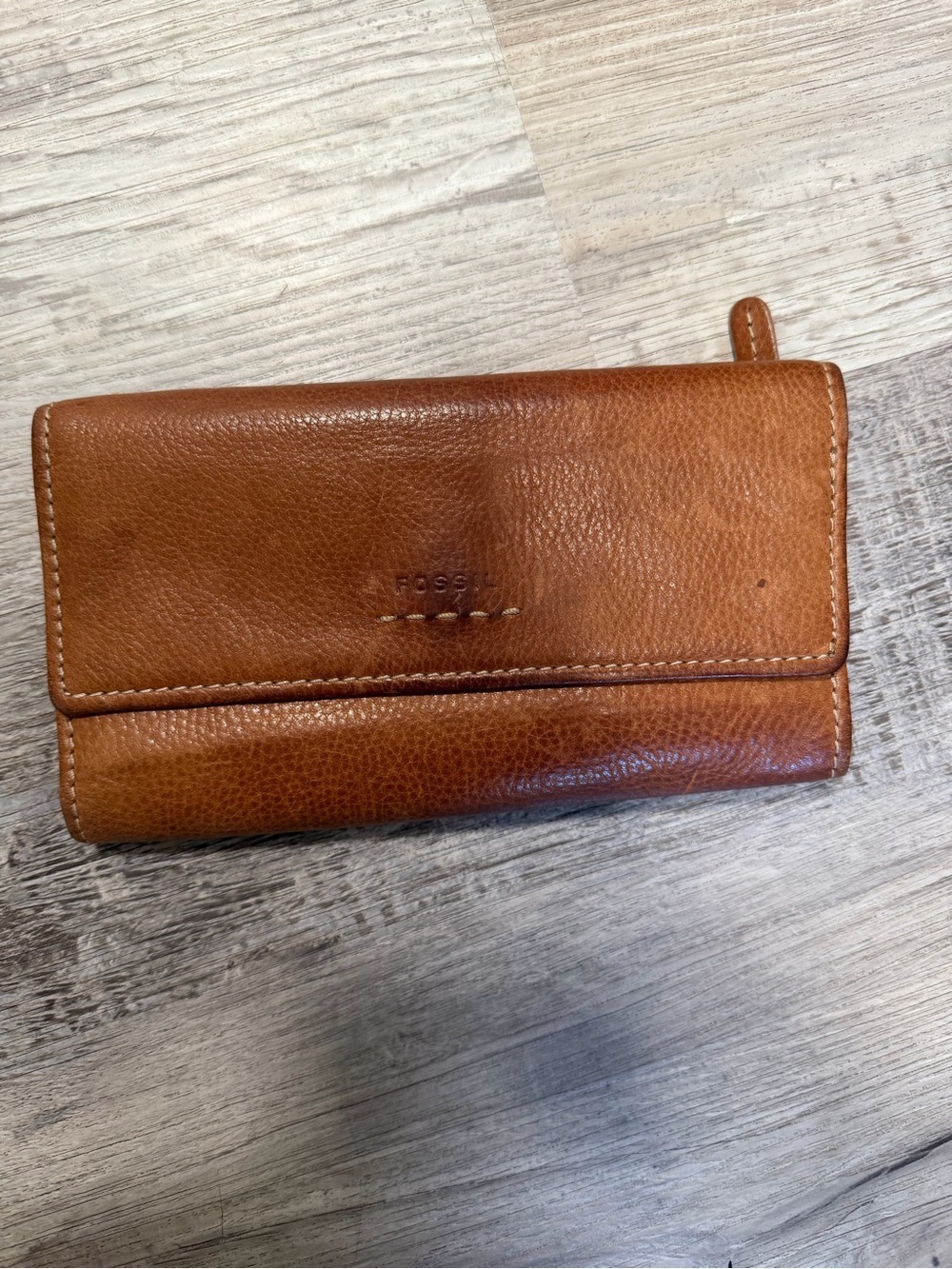 Fossil Brown Leather Trifold Pop Stitch Logo Checkbook Style Wallet